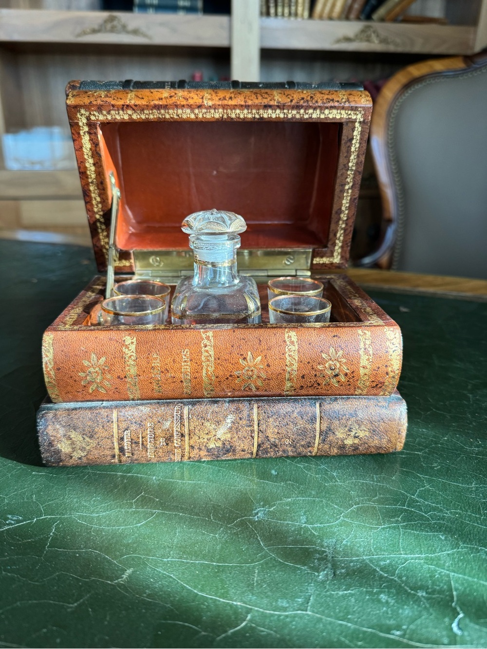 Antique French Tantalus Hidden Liquor Decanter in secret box of leather books
